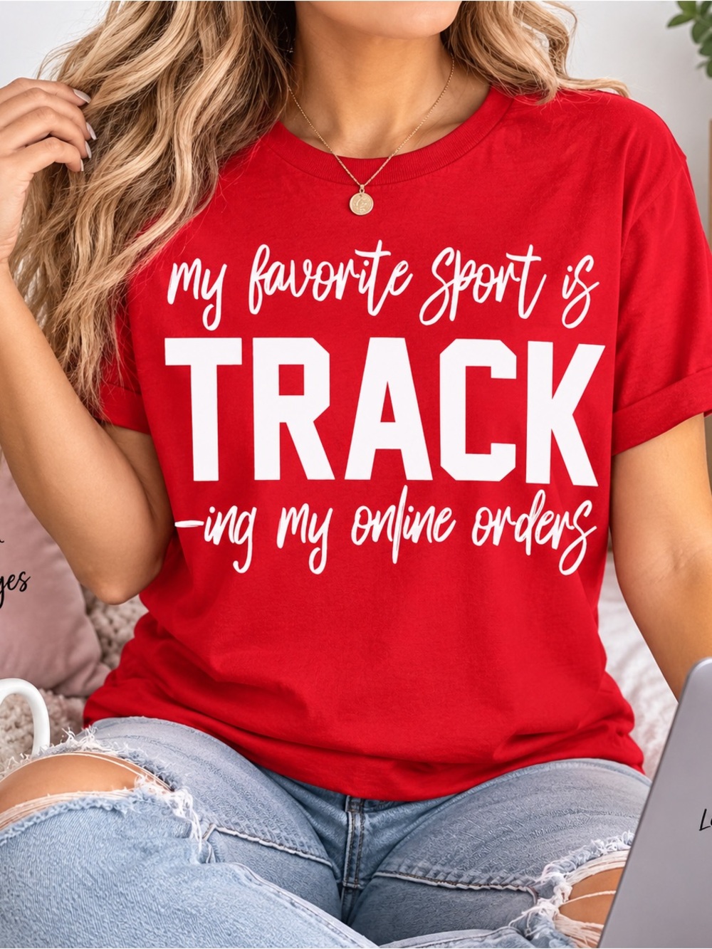 Gildan Red Graphic Tee with White Track Slogan